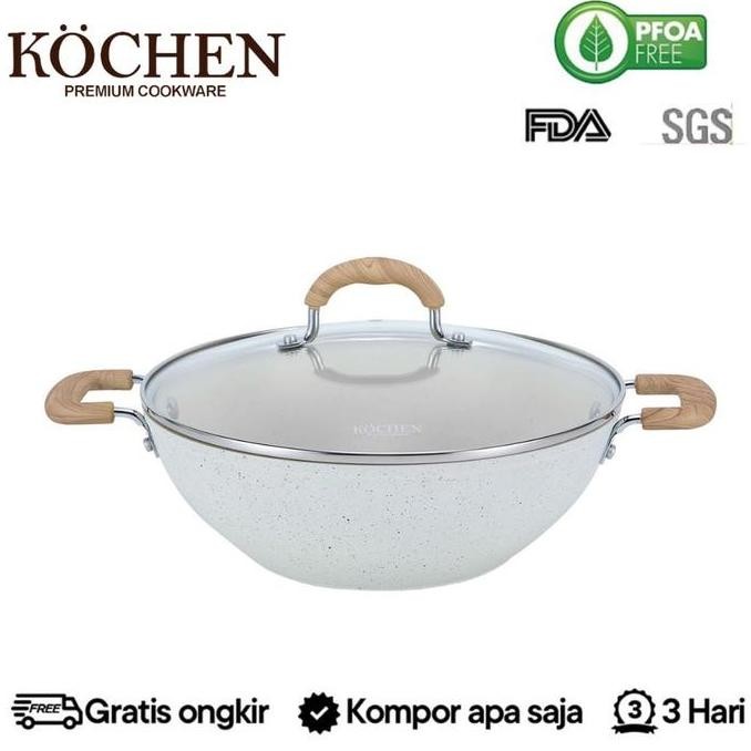 Kochen Panci Wajan Penggorengan Wokpan 28Cm Granit Free Tutup Anti Lengket Non-Stick Cream Kitchenwa