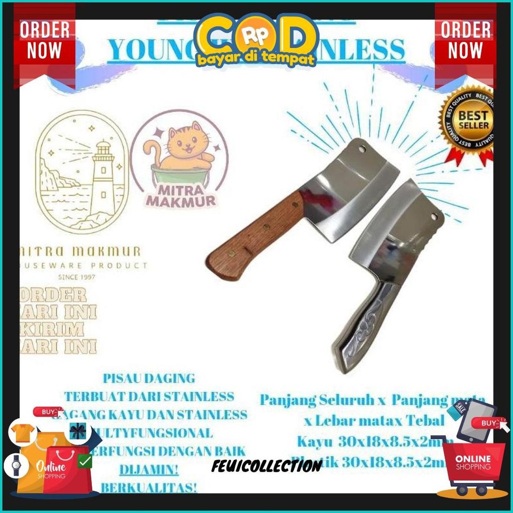 Pisau Daging Youngjin Gagang Kayu Dan Stainless Pisau Lebar Potong Daging Original Produk