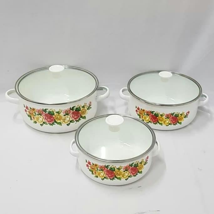Panci Set Enamel Reoona 3Pcs Motif Bunga