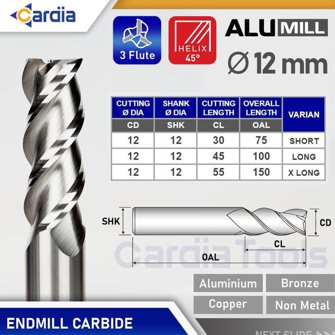 Endmill 12 mm Long 75 | 100 | 150 3 Flute Aluminium End Mill Carbide