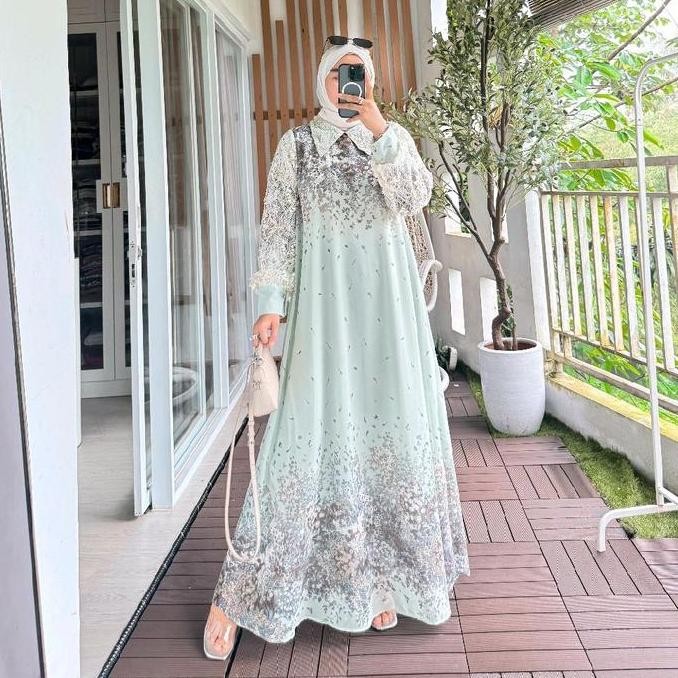 Avr Nayi Dress Wanita Motif Bunga Kecil Bahan Ceruty Furing X Lengan Centili Nonbusui Friendly Musli