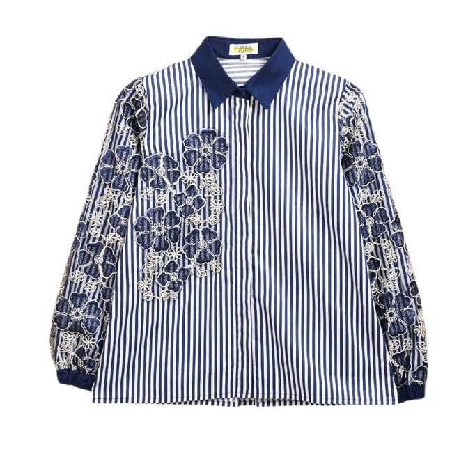 Atasan Katun Jepan O61 Salur Navy Blus Blouse Kerja Wanita