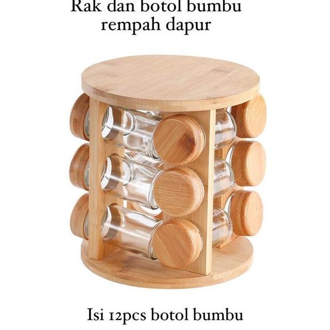 [MS] Rak Kayu dan Botol Bumbu kaca Dapur Rak Putar Bumbu Spice Carousel 12 Jar Rotating
