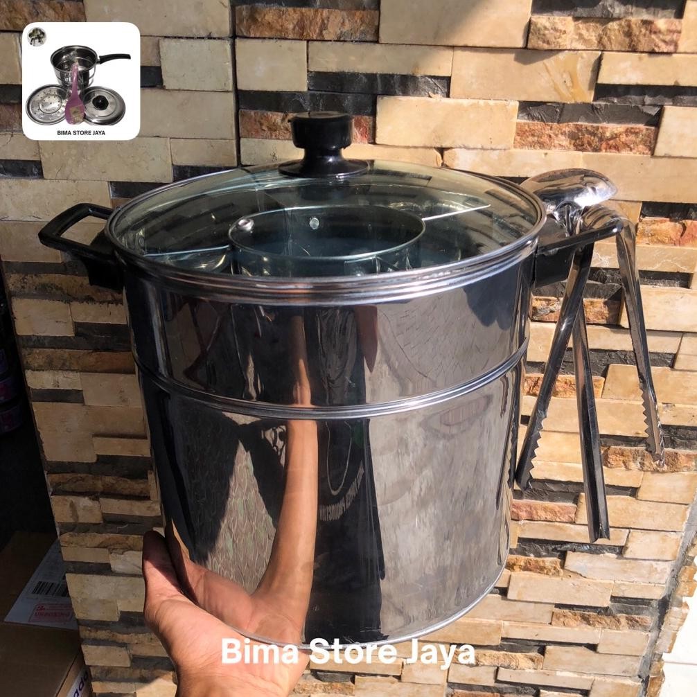 Dandang Bakso Stainles Sekat 4 Tutup Kaca Ukuran 24,26,28Cm Pegangan Anti Panas Dan Lengkap Ada Cent