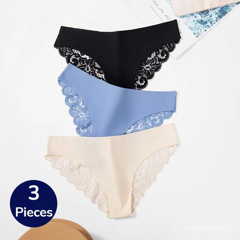 Giczi 3PCS Women's Panties Set Sweet Lace Female Underwear Hollow Out Sexy Lingerie Soft Silk Satin 