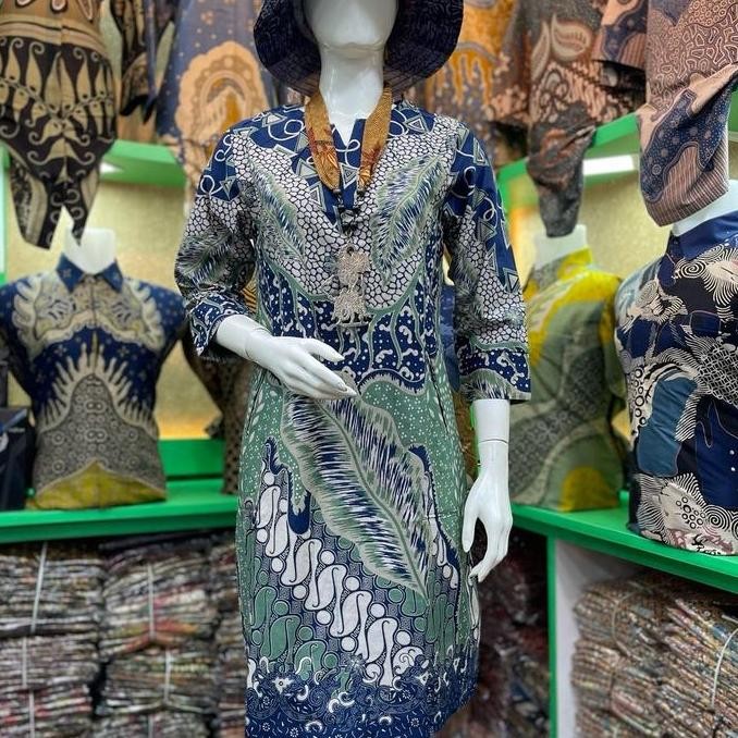 Batik Tunik Atasan Wanita Dress Motif Daun Widuri Bahan Katun