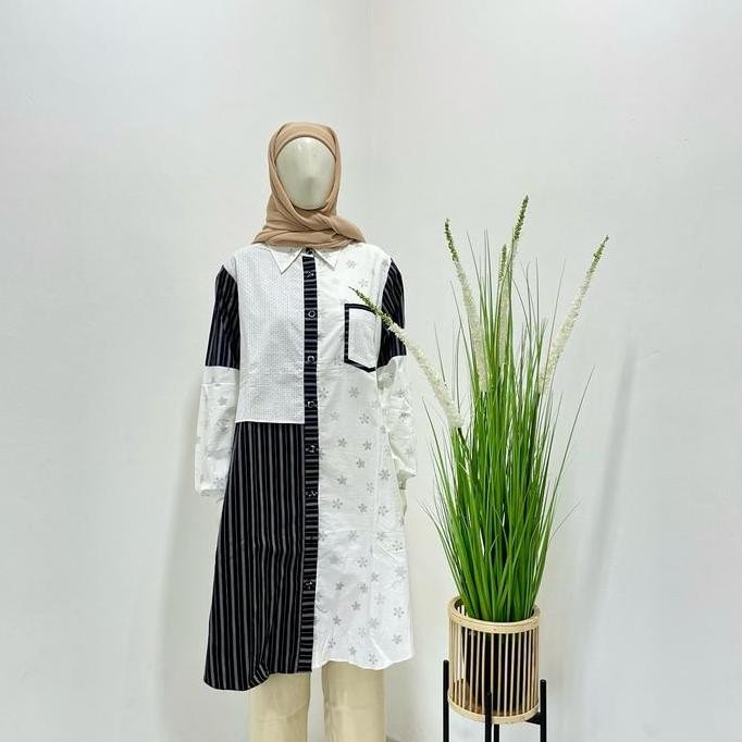 Long Tunik Salur Mix Brukat  -  Atasan Wanita Muslim Formal Katun Kombinasi Panjang Nyaman Casual Si