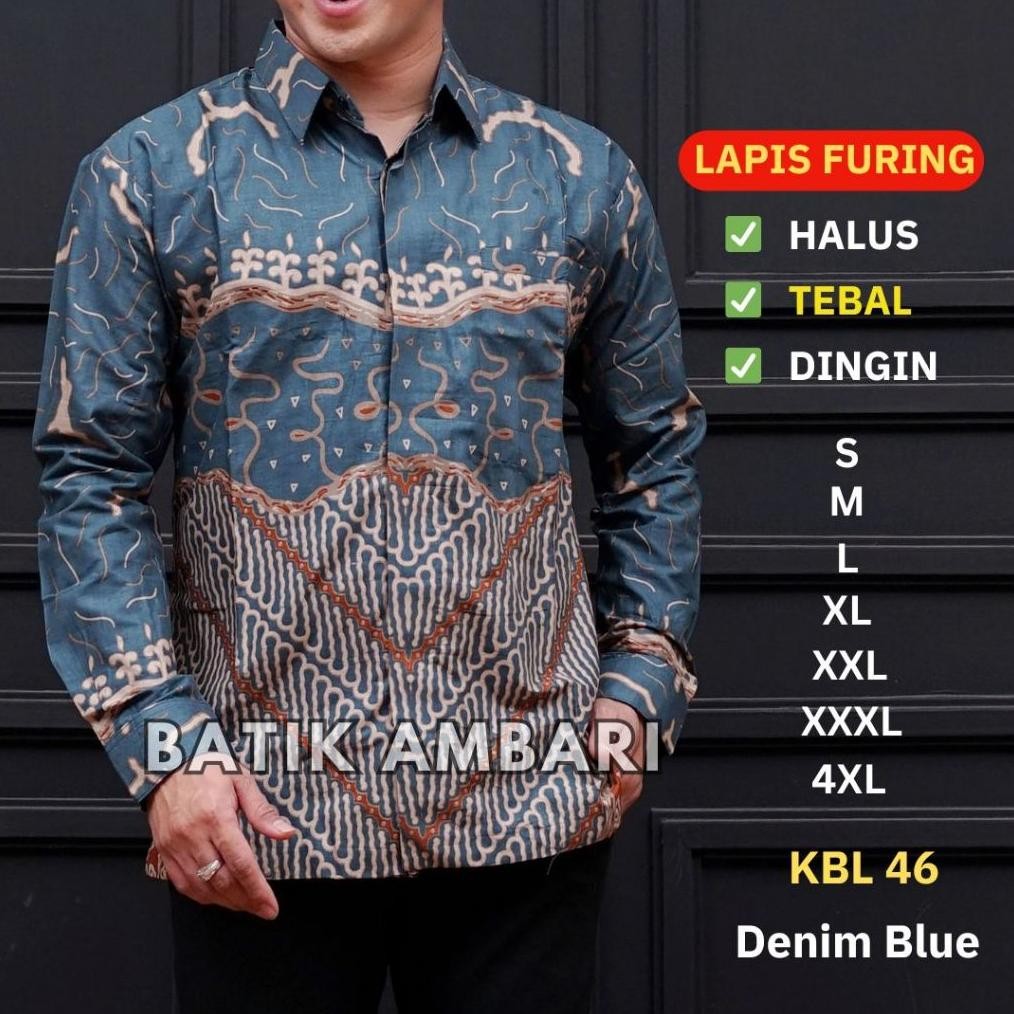 Ready Kemeja Batik LAPIS FURING Lengan Panjang Pria Premium Standar & Jumbo Biru Denim Batik Ambari 