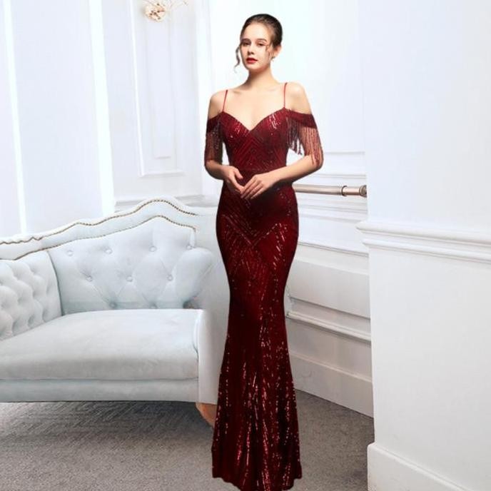 Brigita Dress Pesta Wanita Payet/Gaun Wanita Prom Night Formal Mewah Sabrina Hitam Merah Panjang Kon