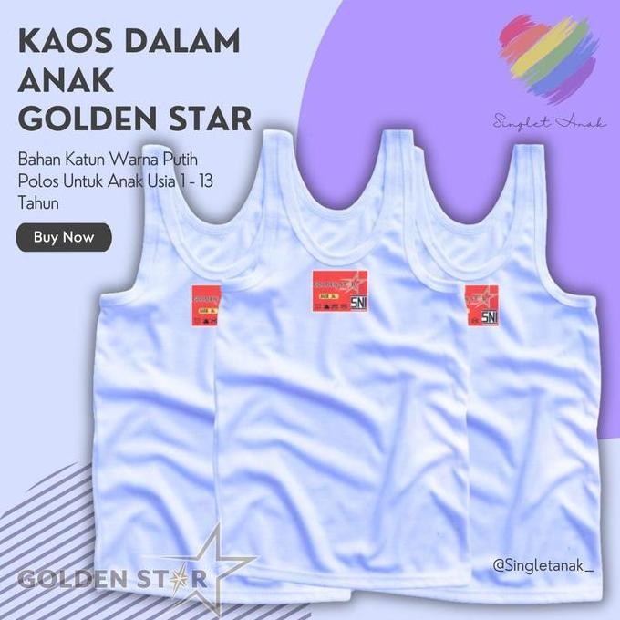 DF336>> 6 Pcs Singlet Kaos Dalam Anak - Anak ABG  Golden Star Putih - Singlet Kaos dalam Anak laki l