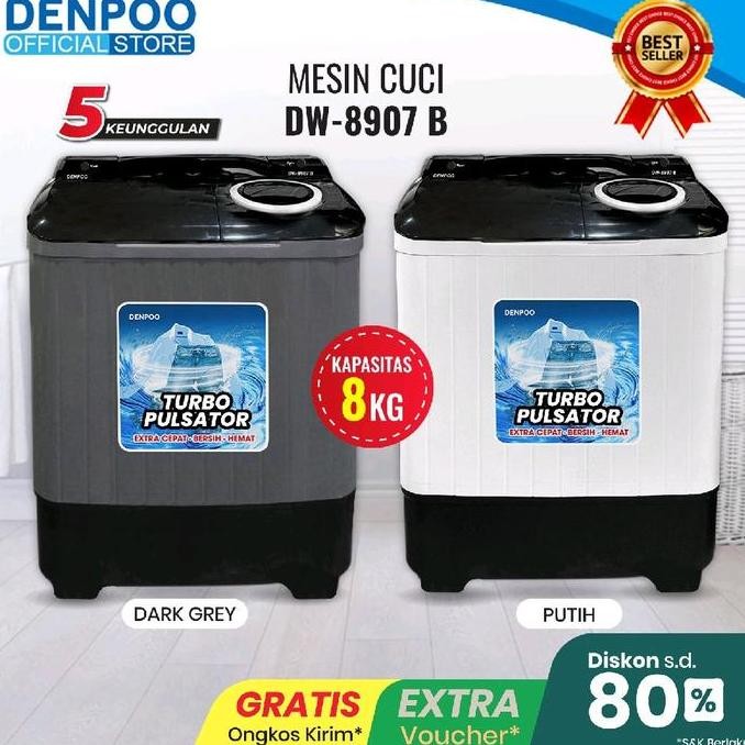 Promo DENPOO MESIN CUCI DW 8907 TURBO FULSTOR 8KG 2 TABUNG COD
