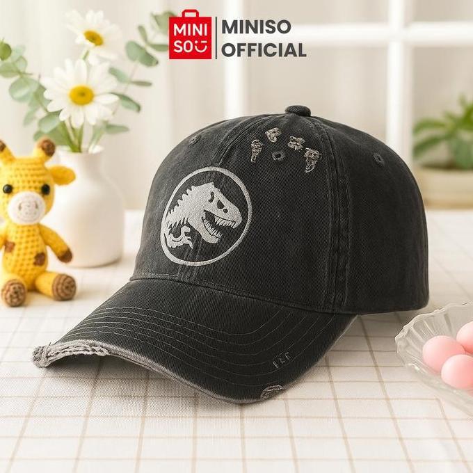 Xcvr- Miniso Jurassic World Ripped Denim Baseball Cap Mesh Denim Topi Pria Nita Desa Motif Ripped De