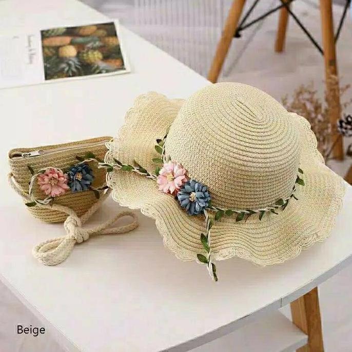 Topi Pantai Anak + Tas 1 Set Motif Bunga Jerami Rajut Korea Import HM