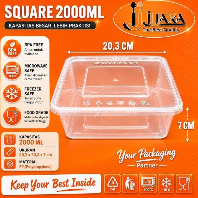 Thinwall Kotak Makan Plastik 2000ml SQ Food Container / Box Microwave Persegi / Square