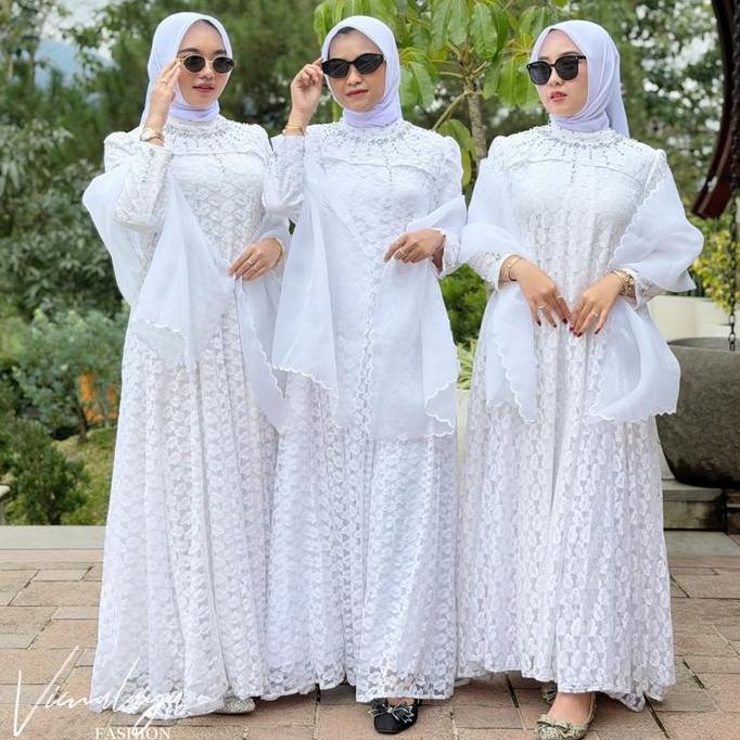 Dress- Gamis Brokat Tile Mutiara Motif Daun 75981 Baju Muslim Panjang Vima Meh