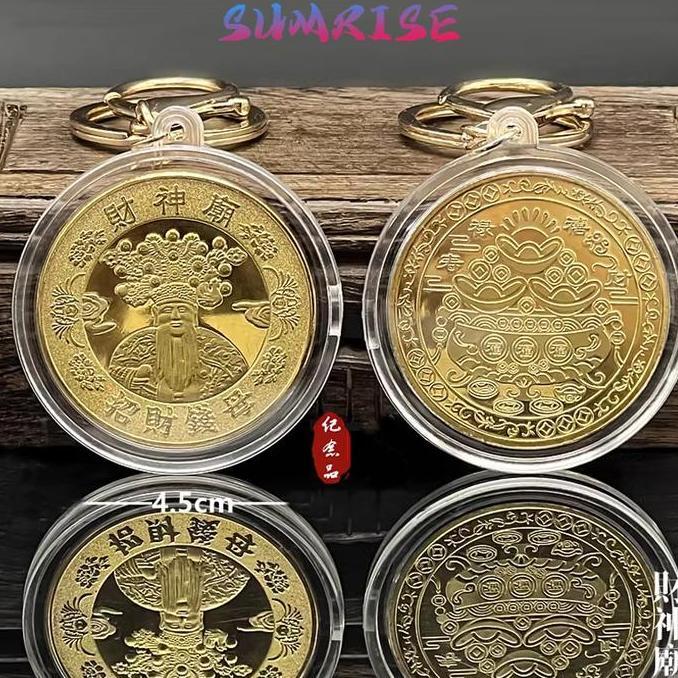 CAONAMBERONE Gantungan Kunci Dewa Rejeki Goldcoin Koin Keychain Ornamen China Money Amulet Asli