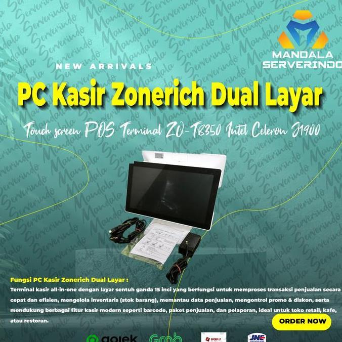 PC Kasir Zonerich Touch screen POS Terminal ZQ-T8360 Dual Layar 15inch Intel Celeron J1900 OS Window