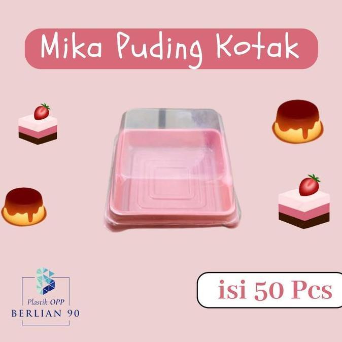 Secnd- 50 Pcs Mika Puding Kotak Mini Alas Pink Kemasan Mika Cake Mini Puding Mini