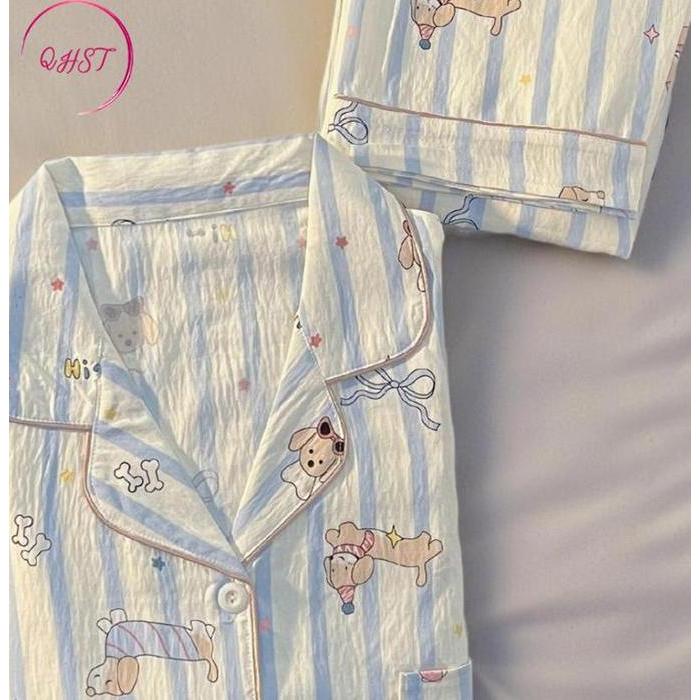 QHST Piyama Set Wanita Beruang Mentega Satin | Pajamas Wanita | Baju Tidur Wanita Dewasa | Lengan Pa