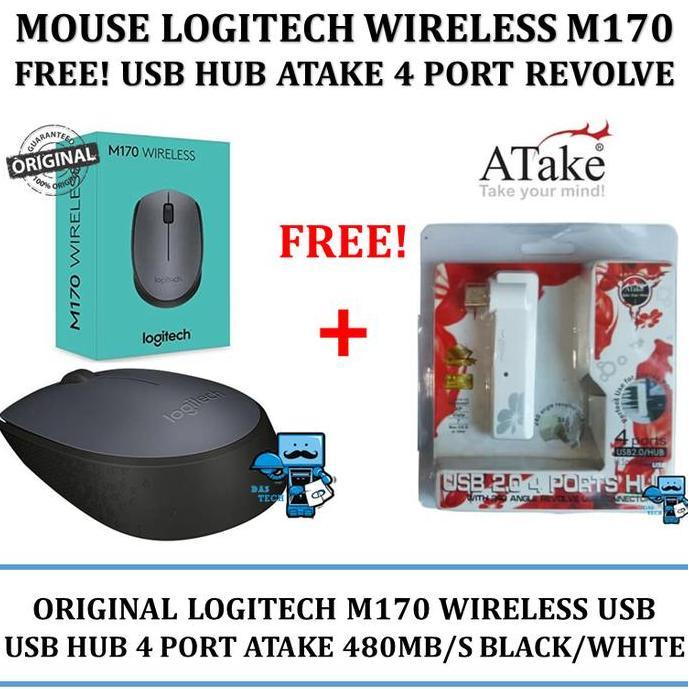 Mouse Wireless Logitech M170 FREE bonus Usb Hub Atake 4 Port Revolve