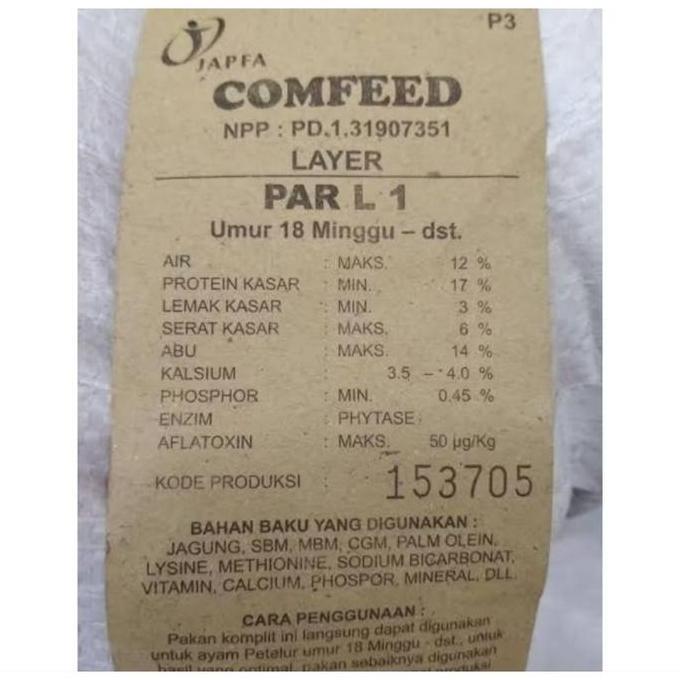 Pakan Ayam Petelur Comfeed Japfa PAR L1 Kemasa 50 KG
