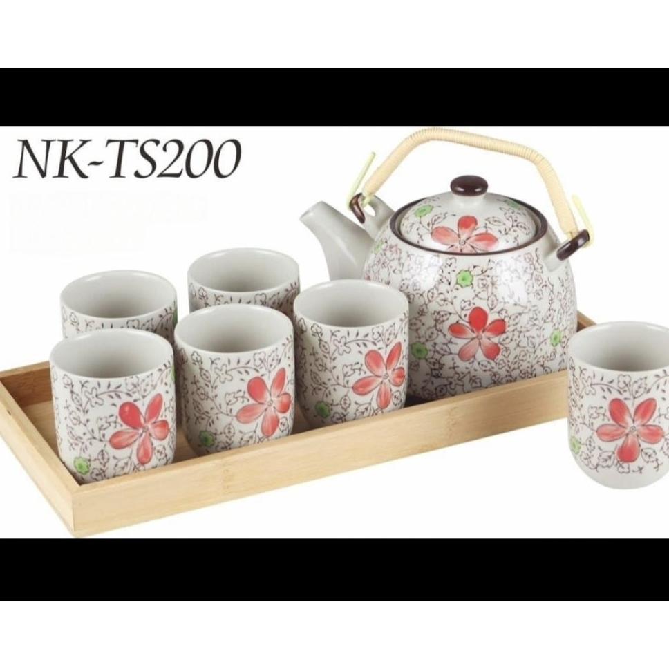 Nakami Tea Set Jepang 9Pc Nk Ts080A Ts200 Dengan Nampan Kayu  Motif Rose Pink Bunga Sakura Perlemgka