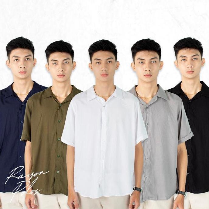 Cadeho - Fortklass Hem Pria Kemeja Polos Pria Lengan Pendek Kasual Slim Kemeja Katun Rayon Halus Hem