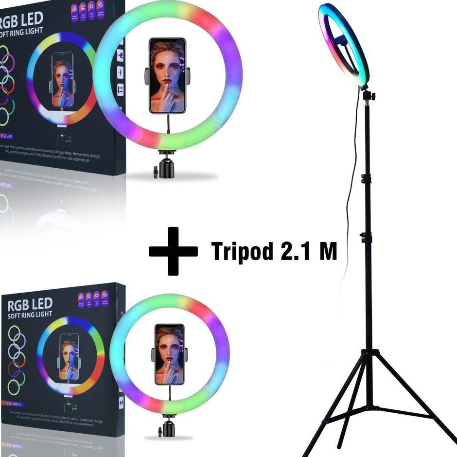 Ring Light Rgb Rainbow Led Video + Tripod 2.1 M Lampu Ring Light Rgb 26Cm 30Cm + Phone Holder