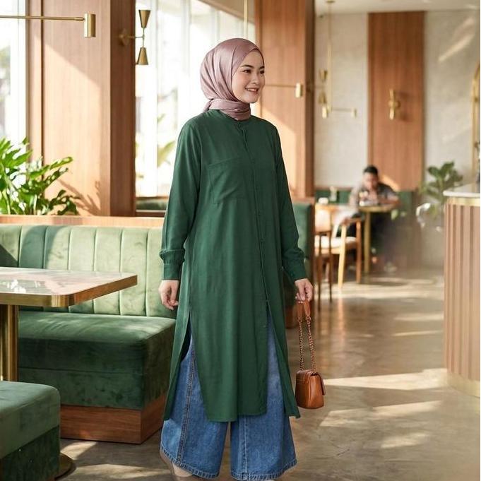 Oioioi- Alzena Long Tunik By Sauqia Rayon Twill Kancing Aktif Busuy Fashion Muslim Panjang Nita Atas