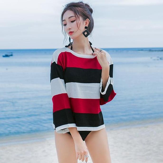 Kaos Lengan Panjang Wanita Red Summer Loose Stripe Import Original PSS