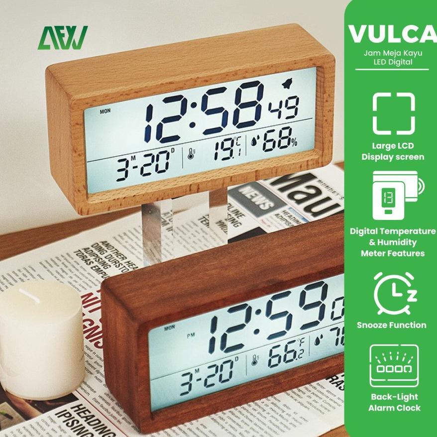 VULCA Jam Meja Kayu LED Digital Alarm Clock Wooden Temperature + Date