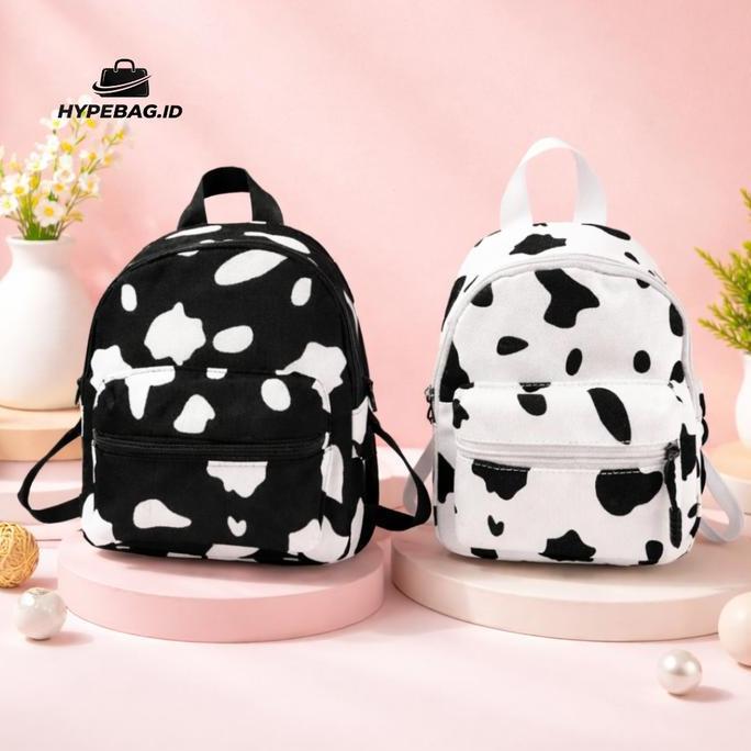 Tas Ransel Backpack Mini Hitam Putih Motif Sapi Tas Ransel Modis Tas Slempang Remaja