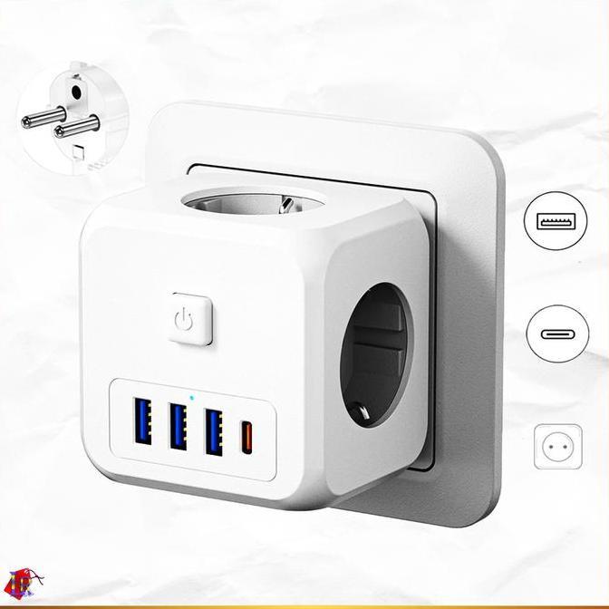 Stop Kontak 3 Colokan Listrik AC Power 7 in 1 Multifungsi 3 USB 1 Type C Port Wall Cube Socket EU Pl