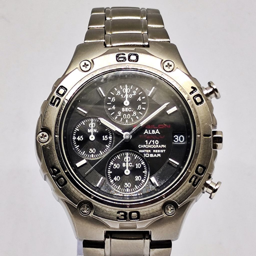 Jam Tangan Alba Epsilon Titanium Chronograph Black Dial Vintage Second Original