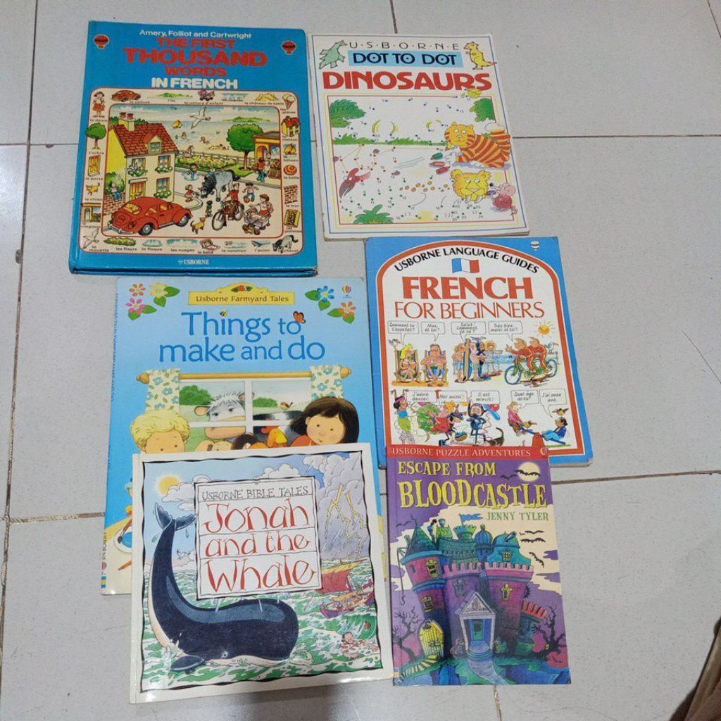 buku USBORNE: The First Thousand words in French , French for beginners,Dot to dot dinosaurus , Thin