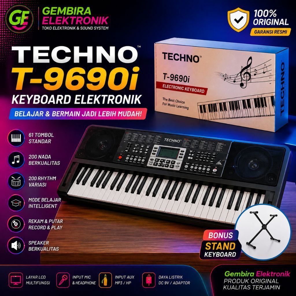 Paket Keyboard Elektronik Techno T-9690i 61 Tuts + Stand X Original Cocok Belajar & Bermain