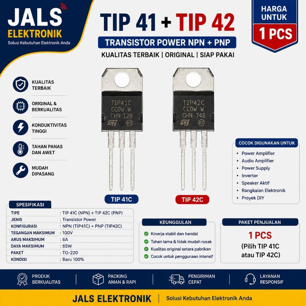 Transistor TIP41C + TIP42C Original | TIP41 TIP42 TO-220 NPN PNP Power Amplifier Audio | JALS ELEKTR