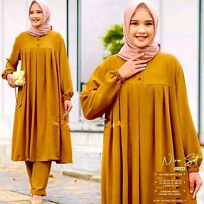 terbaru size jumbo nira setcel long tunik + celana bahan catoon premium / setelan wanita terbaru mod