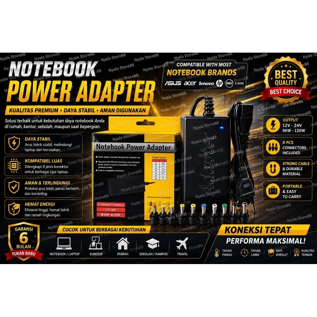 Universal Notebook Power Adapter Charger Laptop 12V–24V 96W 120W 8 Konektor untuk ASUS Acer Lenovo H