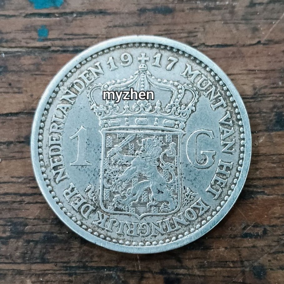 koin perak kuno orginal Wilhelmina 1G 1917
