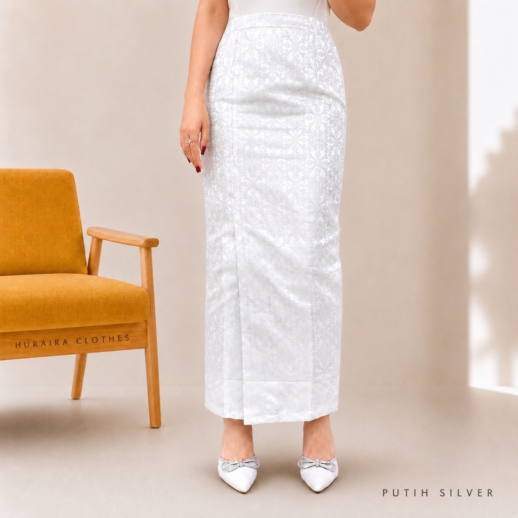 HURAIRA Rok Songket Span Premium Siap Pakai Warna Terang Putih Krem Silver Baby Pink Untuk Kebaya Wi