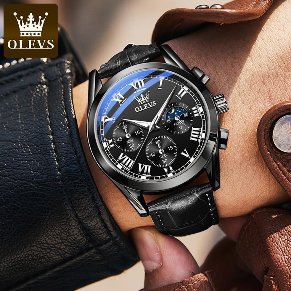 termurah olevs jam tangan pria anti air original coklat kulit fase bulan chronograph men watch 2871