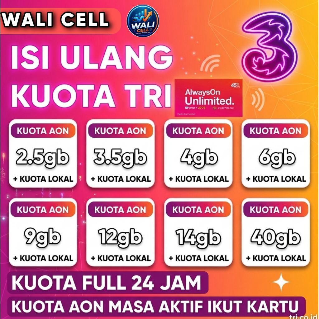Paket Data TRI Kuota Internet AON UNLIMITED Murah masa aktif selamanya full 24 jam