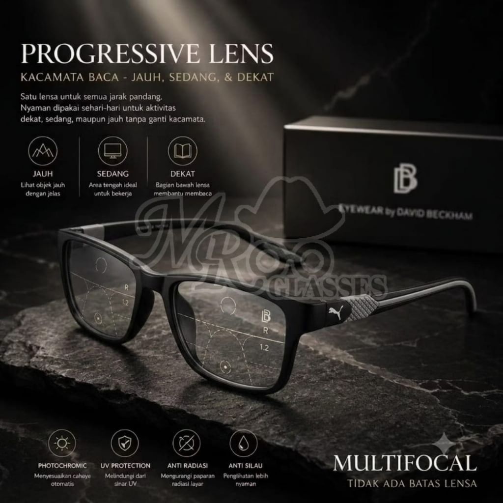 Kacamata Progresif Sporty Pria/Wanita | Baca Plus dan Jalan | Frame Kacamata Blueray/Photochromic/bl