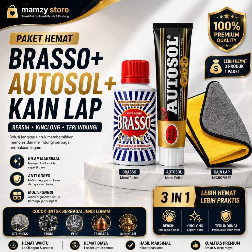 Paket Polish 3 In 1 Autosol Brasso Metal Polish Kain Lap Microfiber