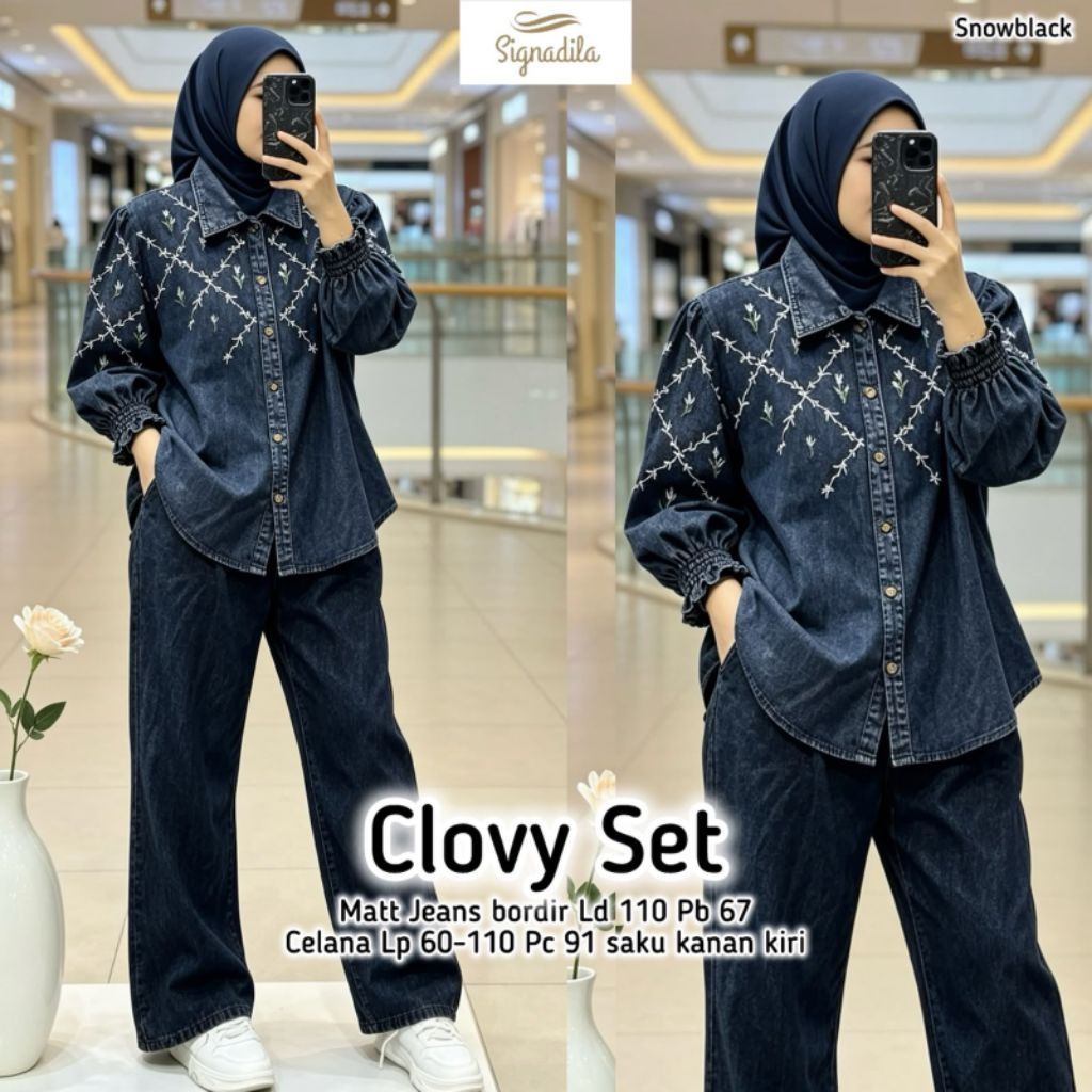 Signadila -Clovy OneSet Jeans Wanita Bordir LD110 PB67 LP60-110 PC91 Kemeja + Celana WideLeg Karet