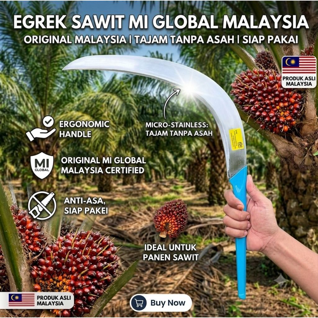 Egrek Sawit MI Global Malaysia Original Tajam Tanpa Asah Siap Pakai Alat Panen Sawit