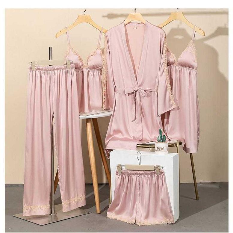 Super Piyama Set Sexy Kimono 5 In 1/ Baju Tidur Satin Wanita Sexy/ Lingerie Set Kimono / Dress