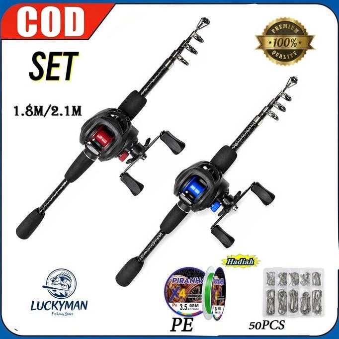 HARGA DISC - LUCKYMAN Set Joran Pancing 1,8m - 2,1m Joran Lure Warna Hitam, Dilengkapi Reel Baitcast