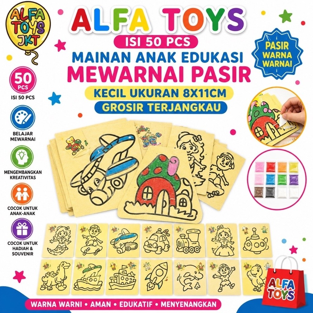 ISI 50 PCS MAINAN ANAK MEWARNAI PASIR PASIRAN GAMBAR ATAU LUKISAN PASIR ukrn 8x11(kode 80)